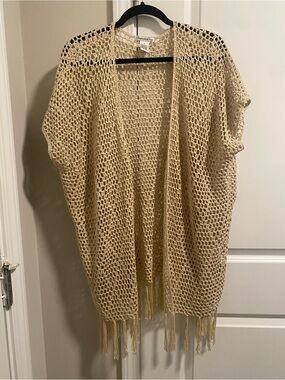 Open Weave Fringe Cardigan Sweater - Cream